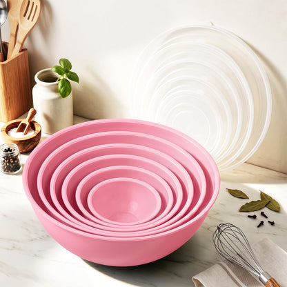 BoxedHome BPA Free Plastic Round Mixing Bowl with Lids, 12 Pack Nesting Bowls with Lids Set, Microwave and Dishwasher Safe Prep & Serving Bowls Great for Mixing, Baking, Serving (Pink, 12pcs)