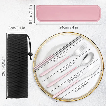 Portable Travel Utensils Set with Case, Pink Reusable Silverware Set, TWUTGAYW 18/8 Stainless Steel Knife Forks Spoons Chopsticks Reusable Travel Camping Cutlery for Lunch Box Office Picnic Daily Use