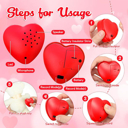 8 Pcs 20 Seconds Valentines Voice Recorder for Stuffed Animal Heart Shape Sound Recorder Push Button Recordable Device Sound Module for Gift Recording Voice Message（Red, Rose Red, Pink, White）