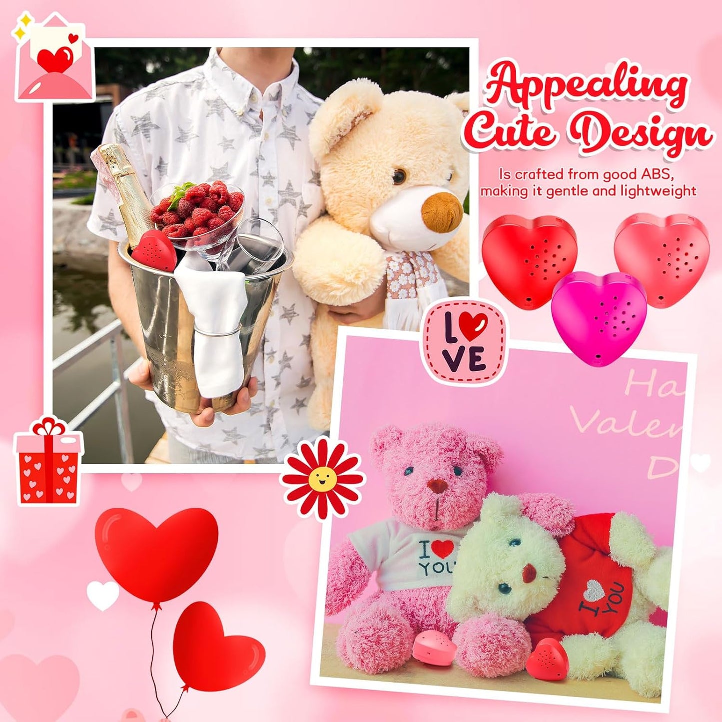 8 Pcs 20 Seconds Valentines Voice Recorder for Stuffed Animal Heart Shape Sound Recorder Push Button Recordable Device Sound Module for Gift Recording Voice Message（Red, Rose Red, Pink, White）