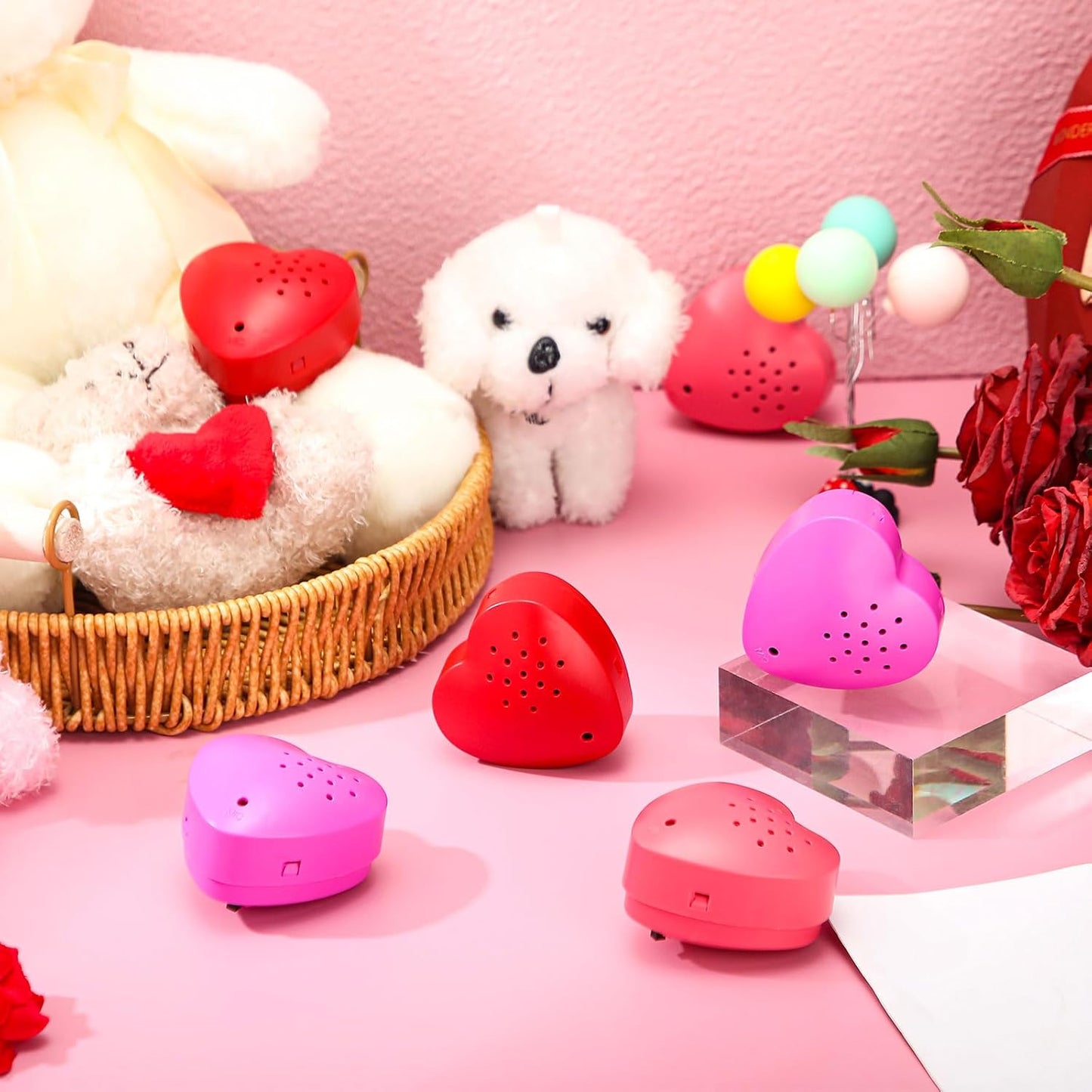 8 Pcs 20 Seconds Valentines Voice Recorder for Stuffed Animal Heart Shape Sound Recorder Push Button Recordable Device Sound Module for Gift Recording Voice Message（Red, Rose Red, Pink, White）