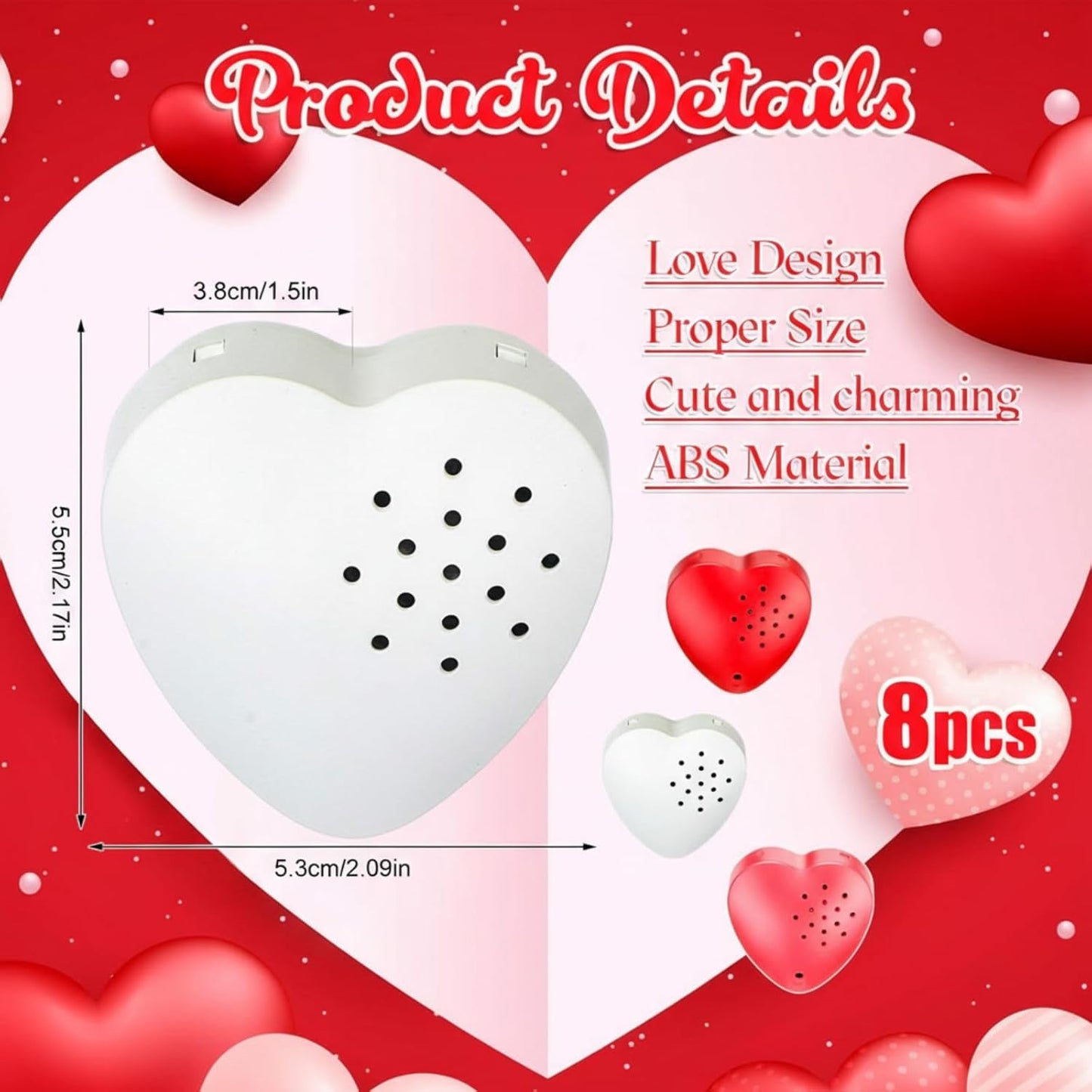 8 Pcs 20 Seconds Valentines Voice Recorder for Stuffed Animal Heart Shape Sound Recorder Push Button Recordable Device Sound Module for Gift Recording Voice Message（Red, Rose Red, Pink, White）