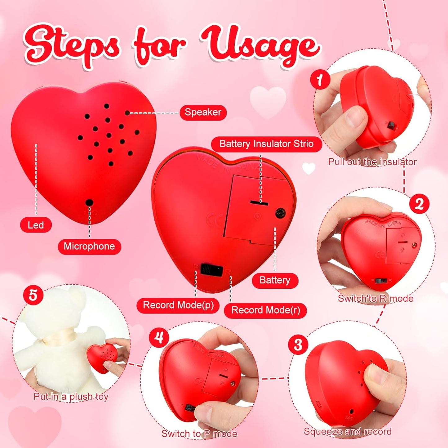 8 Pcs 20 Seconds Valentines Voice Recorder for Stuffed Animal Heart Shape Sound Recorder Push Button Recordable Device Sound Module for Gift Recording Voice Message（Red, Rose Red, Pink, White）