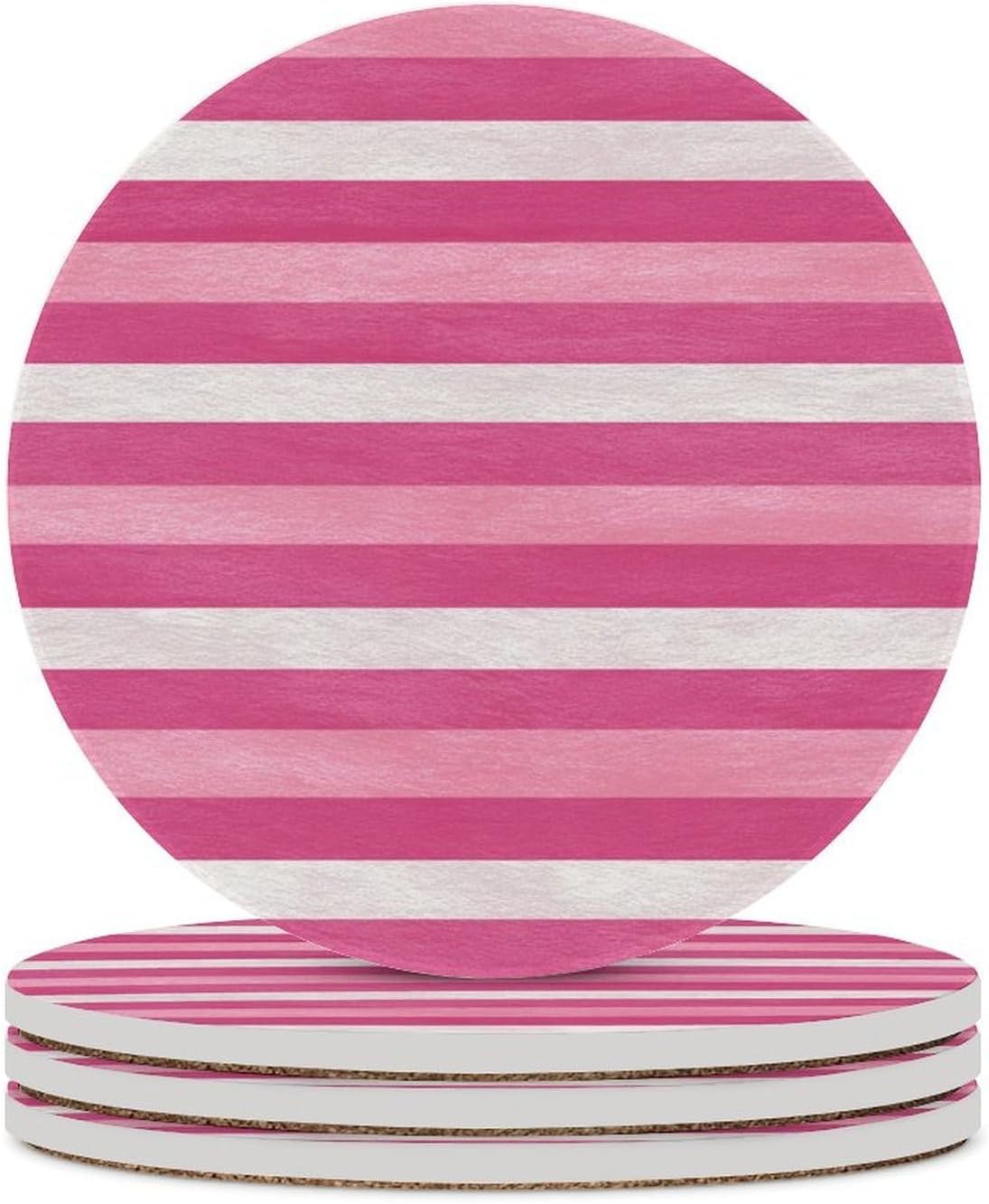 Hot Pink White Horizontal Stripes Pattern Coasters Set of 4 Absorbent Coasters