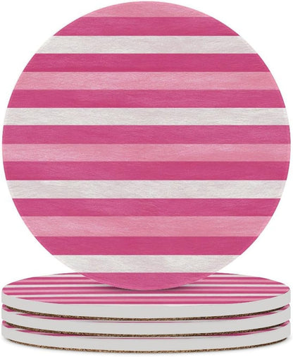 Hot Pink White Horizontal Stripes Pattern Coasters Set of 4 Absorbent Coasters