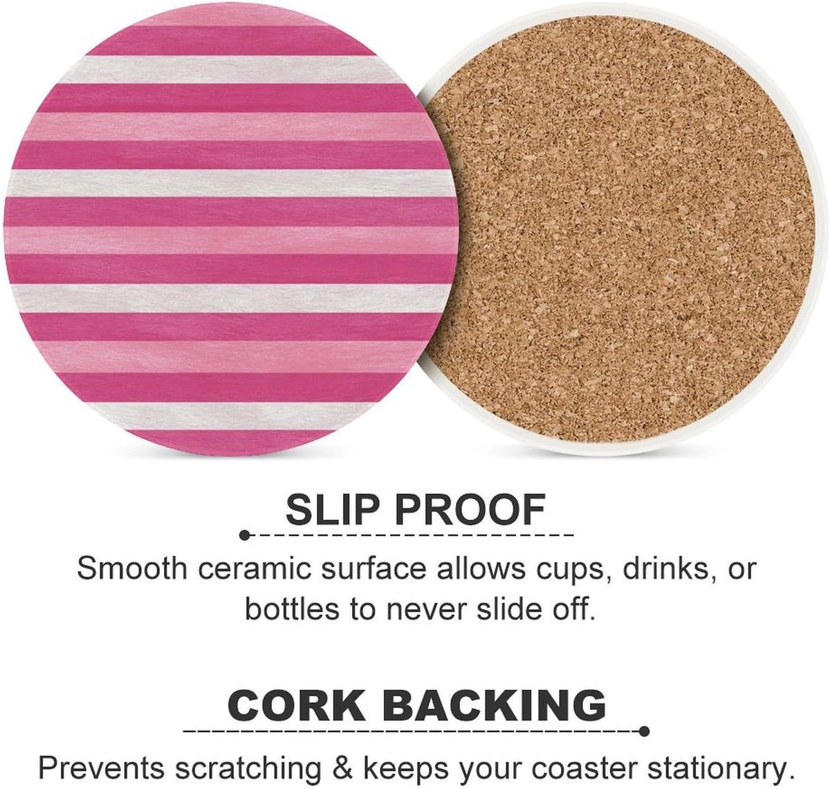 Hot Pink White Horizontal Stripes Pattern Coasters Set of 4 Absorbent Coasters