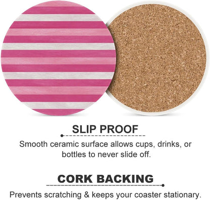 Hot Pink White Horizontal Stripes Pattern Coasters Set of 4 Absorbent Coasters