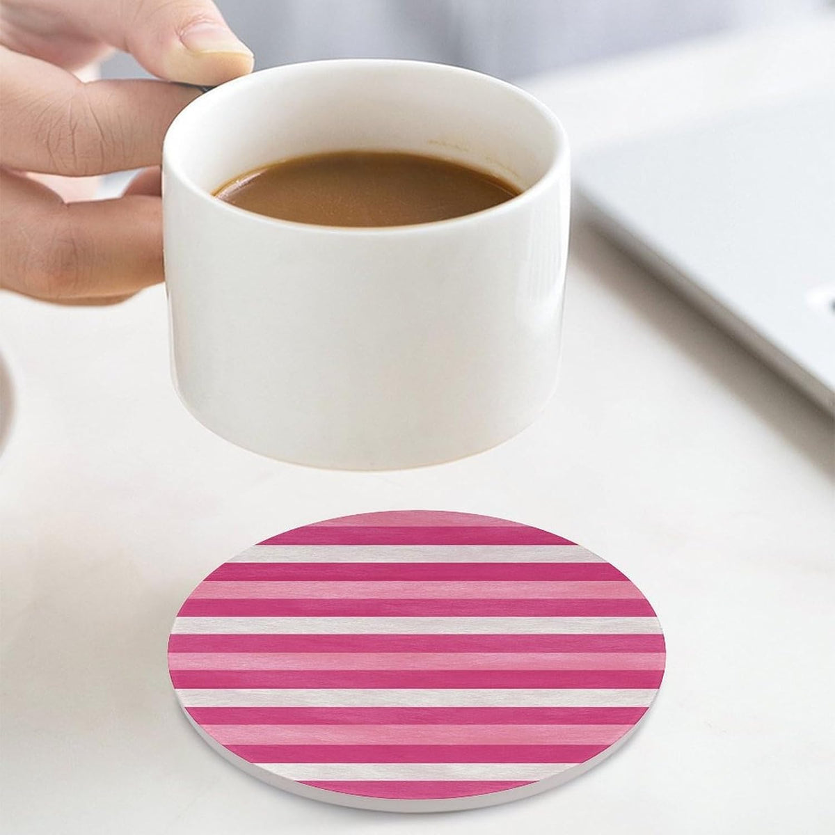 Hot Pink White Horizontal Stripes Pattern Coasters Set of 4 Absorbent Coasters