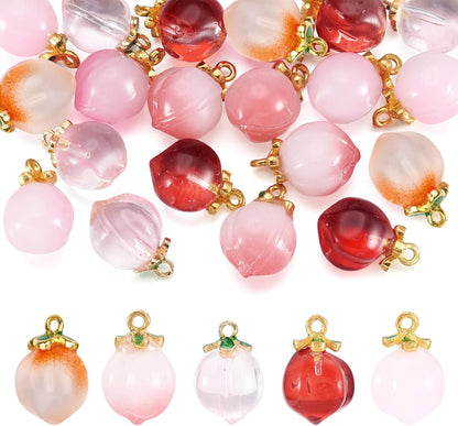 20 pcs Peach Charms Glass Crystal Pink Pendants Fruit Summer Food Dangle Charm with Golden Finding for Jewelry Craft Necklace Bracelet DIY Women Earring Accessory Decoration