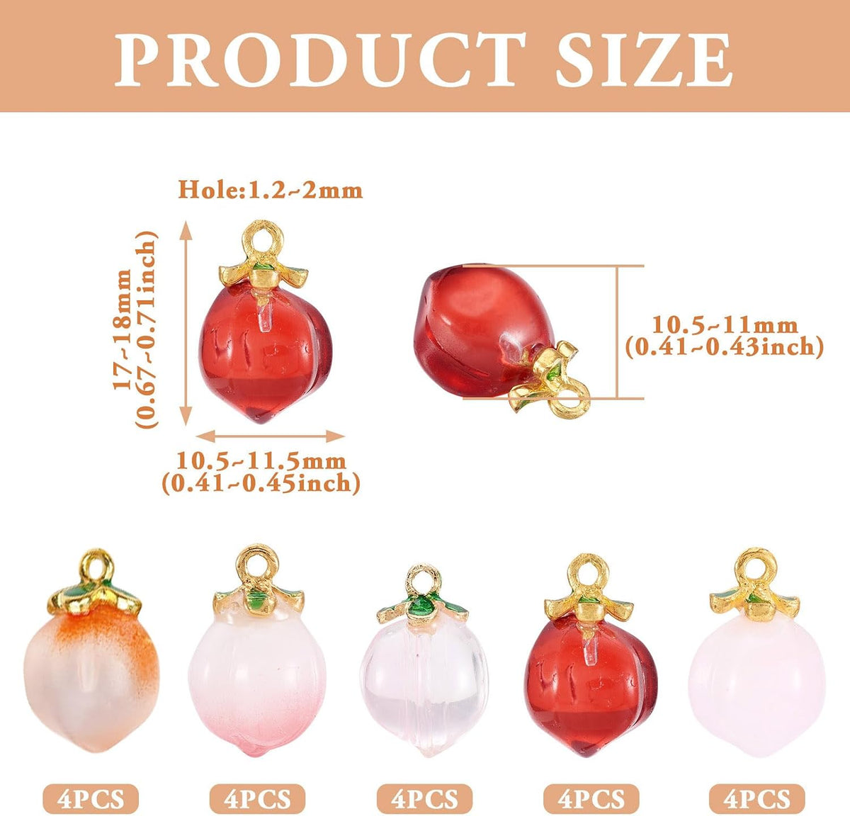 20 pcs Peach Charms Glass Crystal Pink Pendants Fruit Summer Food Dangle Charm with Golden Finding for Jewelry Craft Necklace Bracelet DIY Women Earring Accessory Decoration