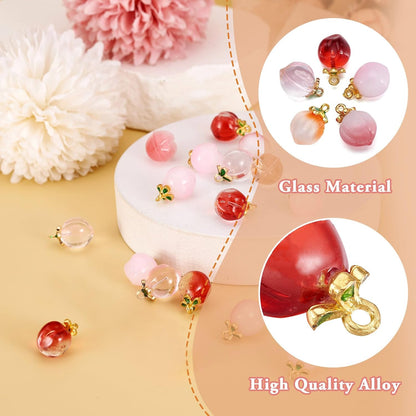 20 pcs Peach Charms Glass Crystal Pink Pendants Fruit Summer Food Dangle Charm with Golden Finding for Jewelry Craft Necklace Bracelet DIY Women Earring Accessory Decoration