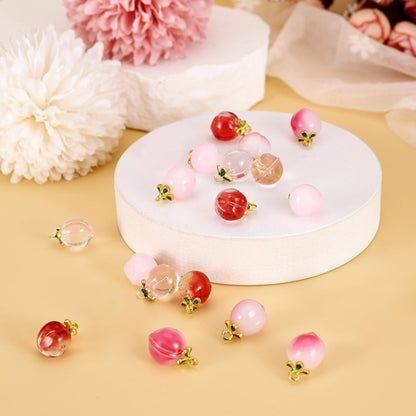 20 pcs Peach Charms Glass Crystal Pink Pendants Fruit Summer Food Dangle Charm with Golden Finding for Jewelry Craft Necklace Bracelet DIY Women Earring Accessory Decoration