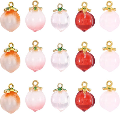 20 pcs Peach Charms Glass Crystal Pink Pendants Fruit Summer Food Dangle Charm with Golden Finding for Jewelry Craft Necklace Bracelet DIY Women Earring Accessory Decoration