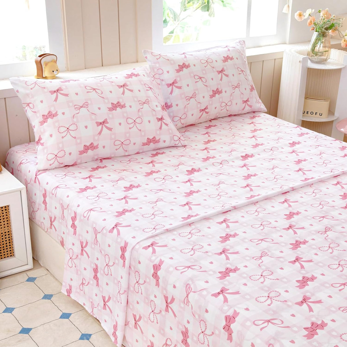 Queen Sheet Set Kids - Pink Check 4 Pieces Soft Microfiber Cartoon Style Bedsheets for Boys Girls Teens, Oeko TEX Breathable 15 Inch Deep Pocket Sheets(Pink Bow)