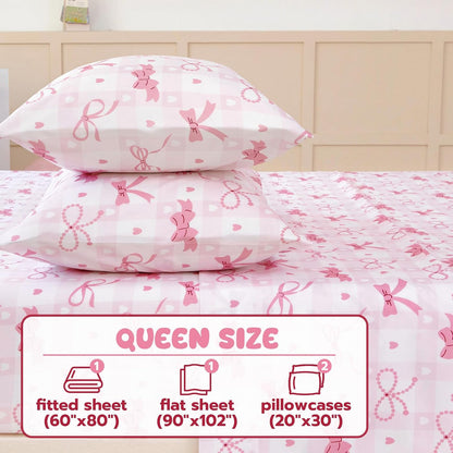 Queen Sheet Set Kids - Pink Check 4 Pieces Soft Microfiber Cartoon Style Bedsheets for Boys Girls Teens, Oeko TEX Breathable 15 Inch Deep Pocket Sheets(Pink Bow)