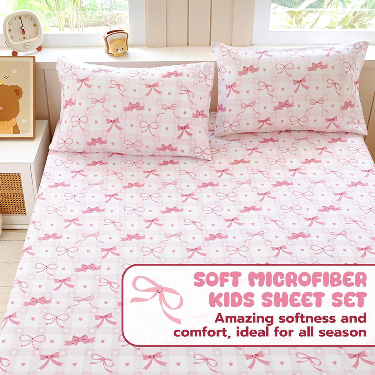 Queen Sheet Set Kids - Pink Check 4 Pieces Soft Microfiber Cartoon Style Bedsheets for Boys Girls Teens, Oeko TEX Breathable 15 Inch Deep Pocket Sheets(Pink Bow)