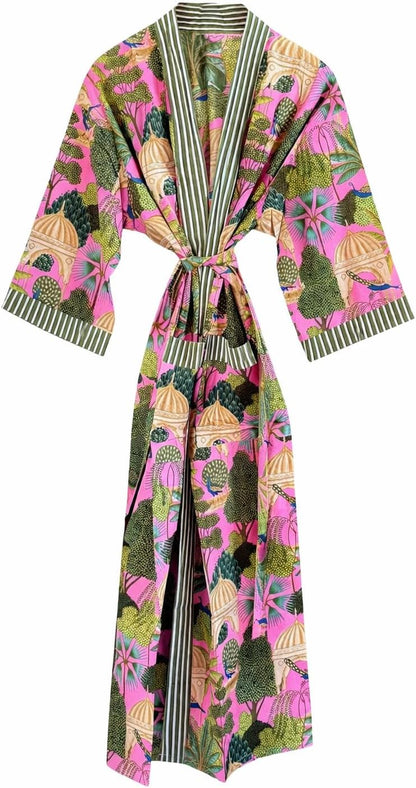 Cotton Kimono Robe Bathrobe with Loose Fit, Open Front, Hidden Pockets, One Size