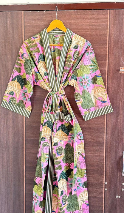 Cotton Kimono Robe Bathrobe with Loose Fit, Open Front, Hidden Pockets, One Size