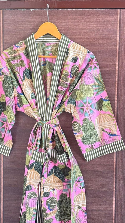 Cotton Kimono Robe Bathrobe with Loose Fit, Open Front, Hidden Pockets, One Size