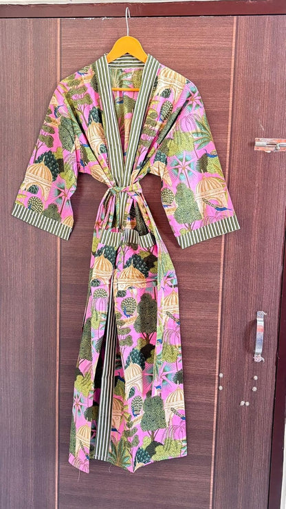 Cotton Kimono Robe Bathrobe with Loose Fit, Open Front, Hidden Pockets, One Size