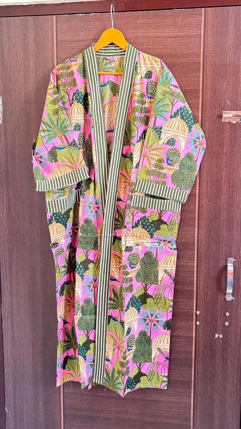 Cotton Kimono Robe Bathrobe with Loose Fit, Open Front, Hidden Pockets, One Size