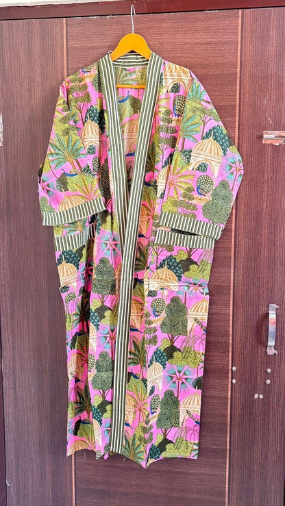 Cotton Kimono Robe Bathrobe with Loose Fit, Open Front, Hidden Pockets, One Size