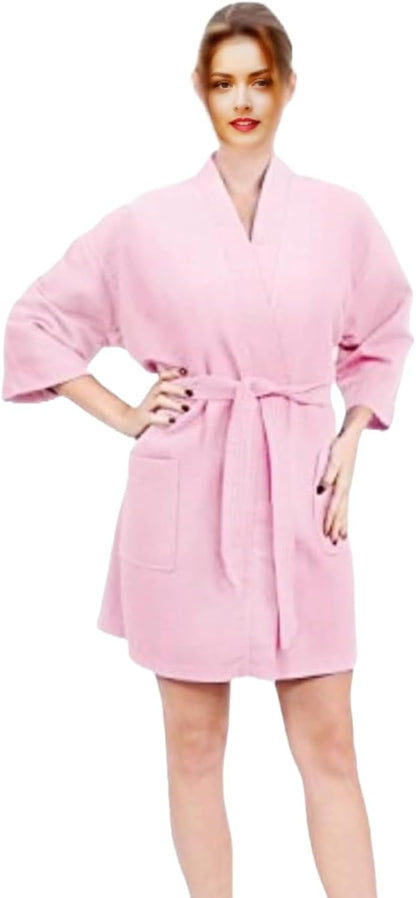 Short-Waffle-Robe, Women's Knee Length Waffle-Weave Kimono-Spa-Bathrobe.