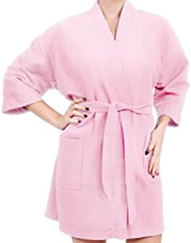 Short-Waffle-Robe, Women's Knee Length Waffle-Weave Kimono-Spa-Bathrobe.