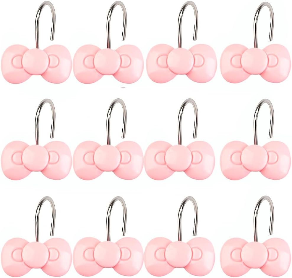 Pink Bow Shower Curtain Hooks Set of 12, Cute Resin Decorative Curtain Hooks for Bathroom, Easy to Install and Durable for Any Shower Curtain or Liner