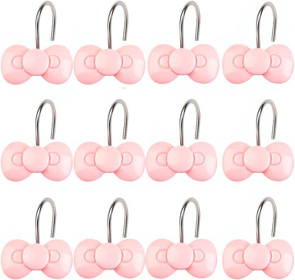Pink Bow Shower Curtain Hooks Set of 12, Cute Resin Decorative Curtain Hooks for Bathroom, Easy to Install and Durable for Any Shower Curtain or Liner