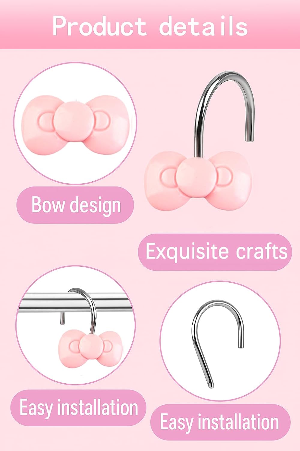 Pink Bow Shower Curtain Hooks Set of 12, Cute Resin Decorative Curtain Hooks for Bathroom, Easy to Install and Durable for Any Shower Curtain or Liner