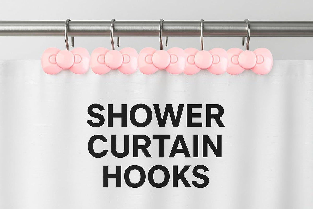 Pink Bow Shower Curtain Hooks Set of 12, Cute Resin Decorative Curtain Hooks for Bathroom, Easy to Install and Durable for Any Shower Curtain or Liner