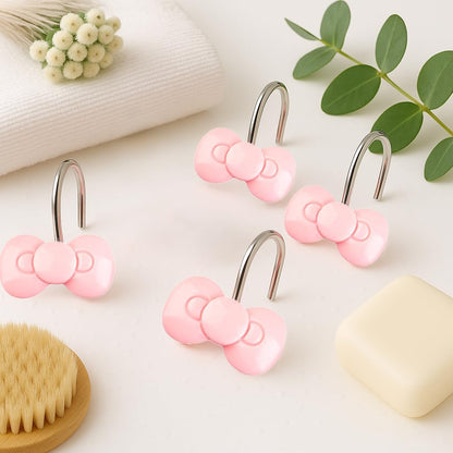 Pink Bow Shower Curtain Hooks Set of 12, Cute Resin Decorative Curtain Hooks for Bathroom, Easy to Install and Durable for Any Shower Curtain or Liner