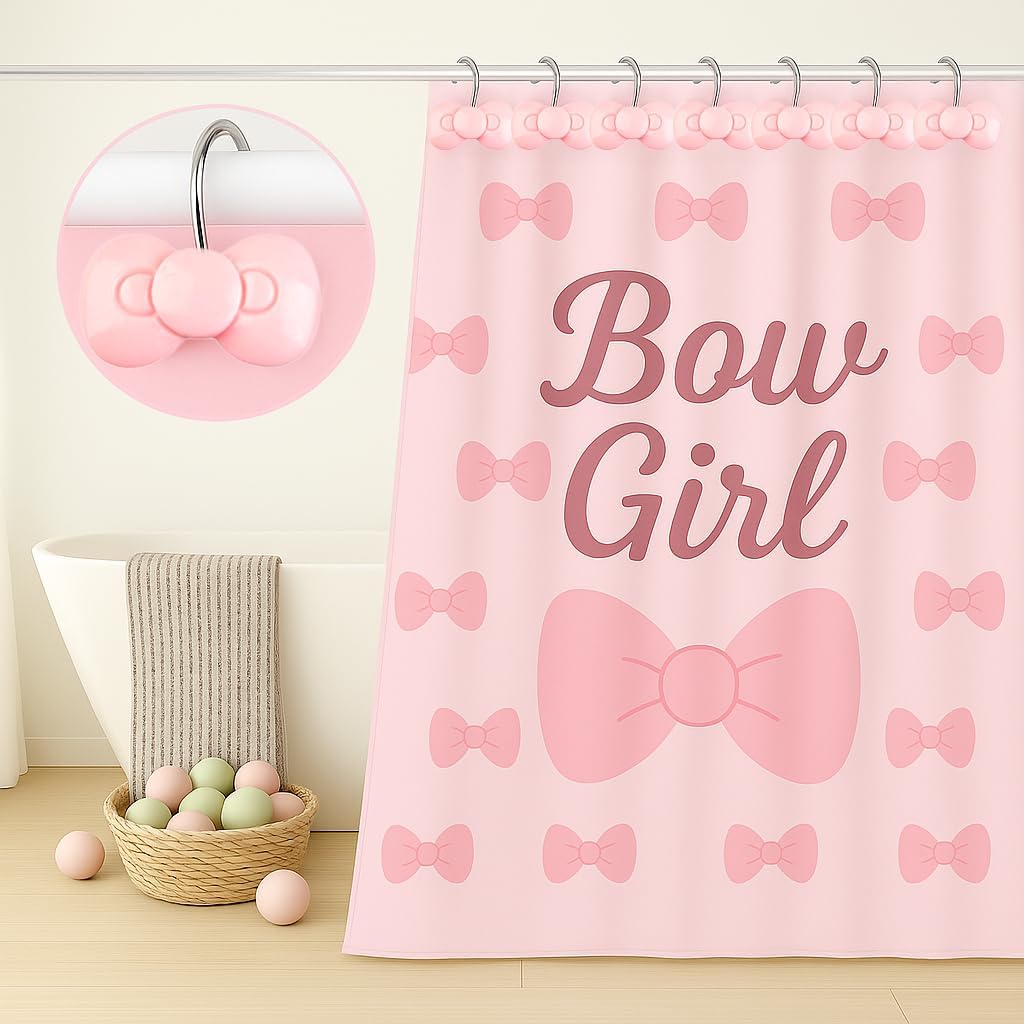 Pink Bow Shower Curtain Hooks Set of 12, Cute Resin Decorative Curtain Hooks for Bathroom, Easy to Install and Durable for Any Shower Curtain or Liner