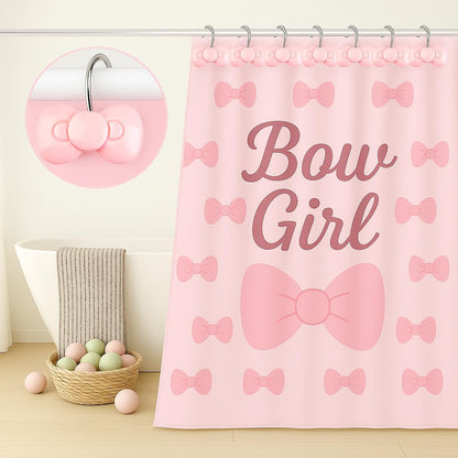 Pink Bow Shower Curtain Hooks Set of 12, Cute Resin Decorative Curtain Hooks for Bathroom, Easy to Install and Durable for Any Shower Curtain or Liner