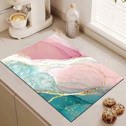 Pink Marble Dish Drying Mat for Kitchen Counter, Green and Gold Abstract Marble Print Diatomaceous Absorbent Drying Mat for Kitchen Coffee Table Bar Decor Mats, 24W X 16L inches
