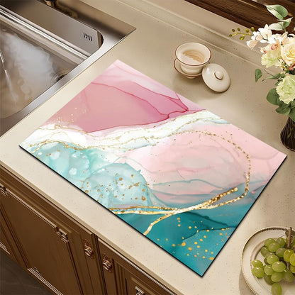 Pink Marble Dish Drying Mat for Kitchen Counter, Green and Gold Abstract Marble Print Diatomaceous Absorbent Drying Mat for Kitchen Coffee Table Bar Decor Mats, 24W X 16L inches