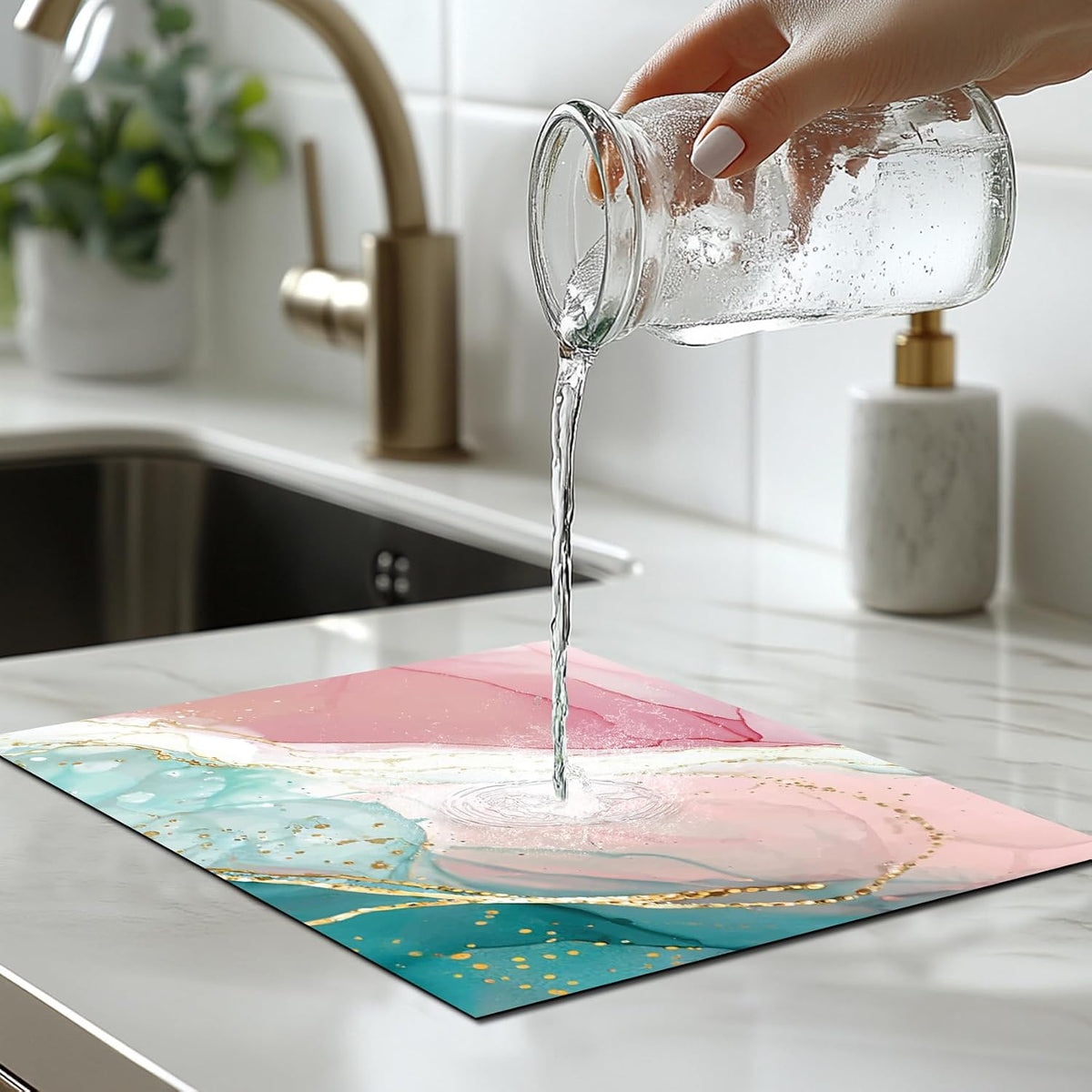 Pink Marble Dish Drying Mat for Kitchen Counter, Green and Gold Abstract Marble Print Diatomaceous Absorbent Drying Mat for Kitchen Coffee Table Bar Decor Mats, 24W X 16L inches