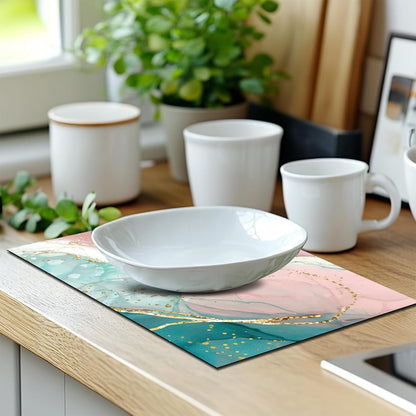 Pink Marble Dish Drying Mat for Kitchen Counter, Green and Gold Abstract Marble Print Diatomaceous Absorbent Drying Mat for Kitchen Coffee Table Bar Decor Mats, 24W X 16L inches