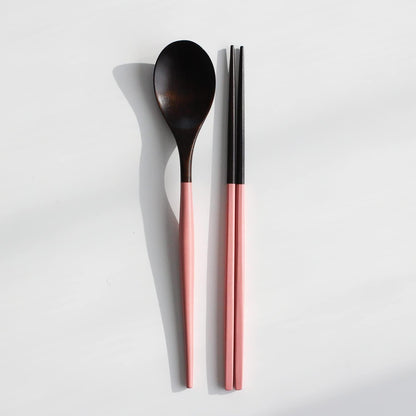 Korea Traditional Reusable Lacquer Wooden Chopsticks & Spoon Set, 2 Pair (Pink)