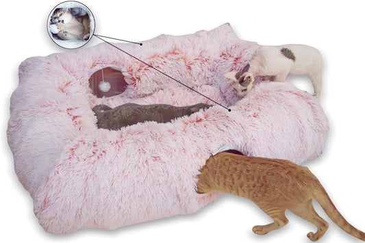 4-Cave Plush XL Cat Tunnel Bed Indoor Cats Peekaboo Toy Mat Pink