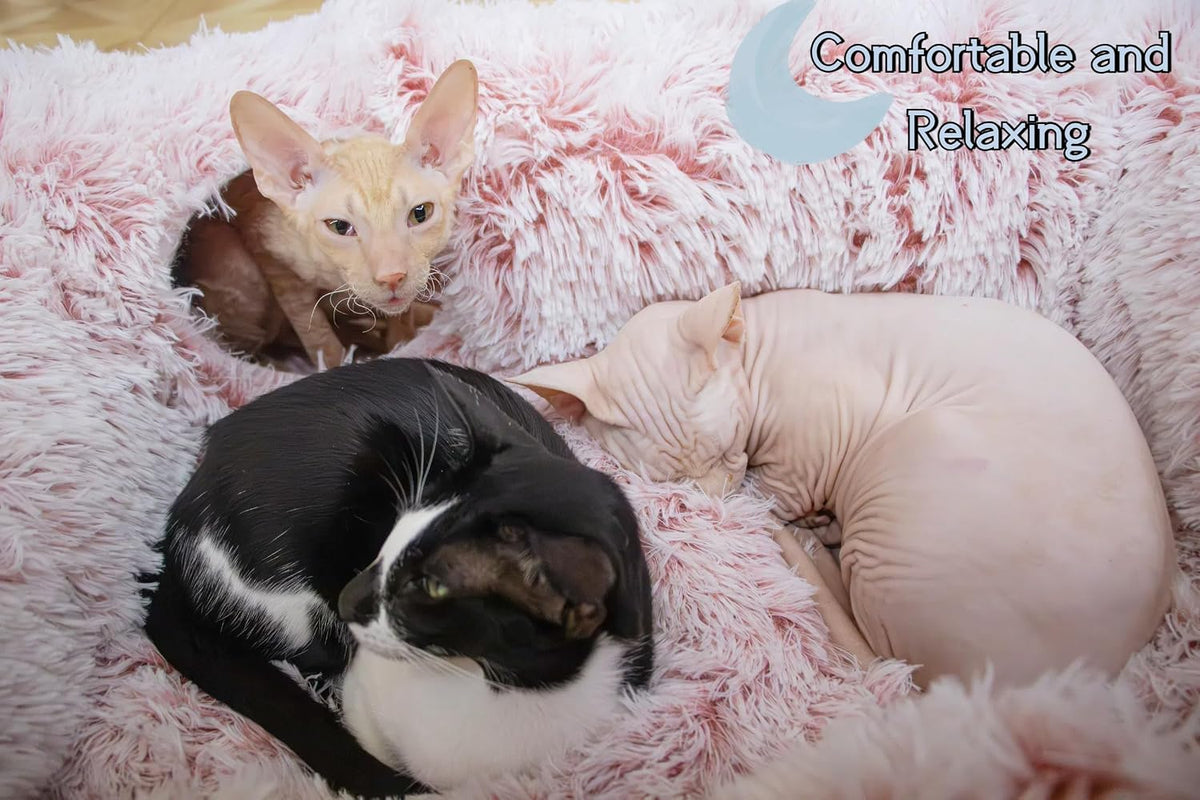 4-Cave Plush XL Cat Tunnel Bed Indoor Cats Peekaboo Toy Mat Pink