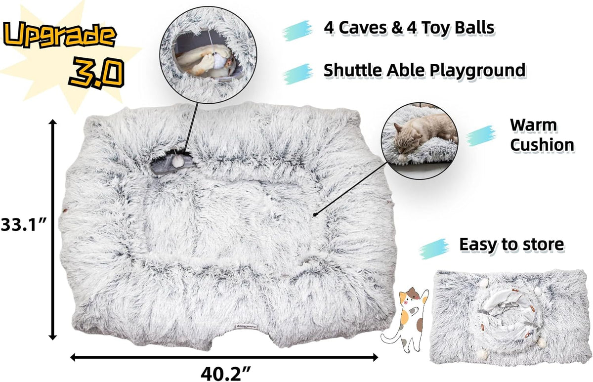 4-Cave Plush XL Cat Tunnel Bed Indoor Cats Peekaboo Toy Mat Pink