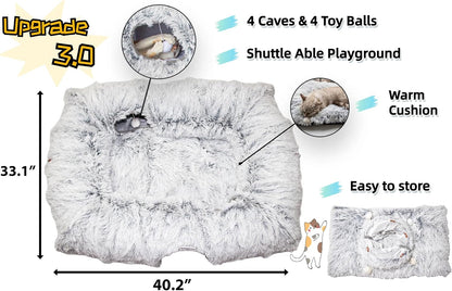4-Cave Plush XL Cat Tunnel Bed Indoor Cats Peekaboo Toy Mat Pink