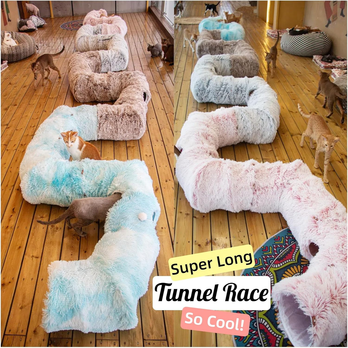 4-Cave Plush XL Cat Tunnel Bed Indoor Cats Peekaboo Toy Mat Pink