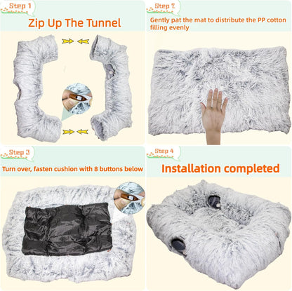 4-Cave Plush XL Cat Tunnel Bed Indoor Cats Peekaboo Toy Mat Pink