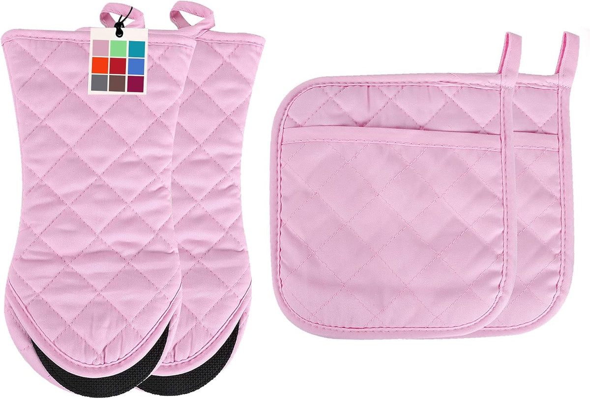 Oven Mitts and Potholders,4PCS Heat Resistant Kitchen Gloves,Non-Slip Rubber Surface 2 Oven Mitts,2 Pot Holders for Cooking,Baking,Grilling,Barbecue,Pink