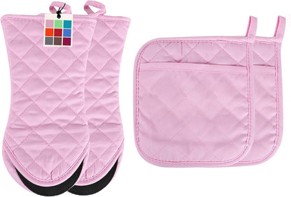 Oven Mitts and Potholders,4PCS Heat Resistant Kitchen Gloves,Non-Slip Rubber Surface 2 Oven Mitts,2 Pot Holders for Cooking,Baking,Grilling,Barbecue,Pink