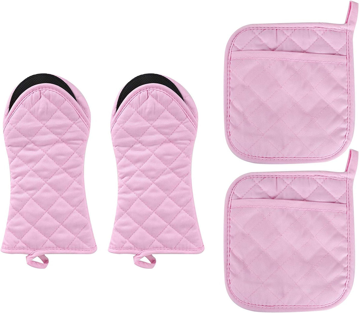 Oven Mitts and Potholders,4PCS Heat Resistant Kitchen Gloves,Non-Slip Rubber Surface 2 Oven Mitts,2 Pot Holders for Cooking,Baking,Grilling,Barbecue,Pink