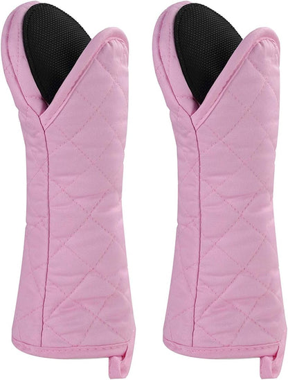 Oven Mitts and Potholders,4PCS Heat Resistant Kitchen Gloves,Non-Slip Rubber Surface 2 Oven Mitts,2 Pot Holders for Cooking,Baking,Grilling,Barbecue,Pink